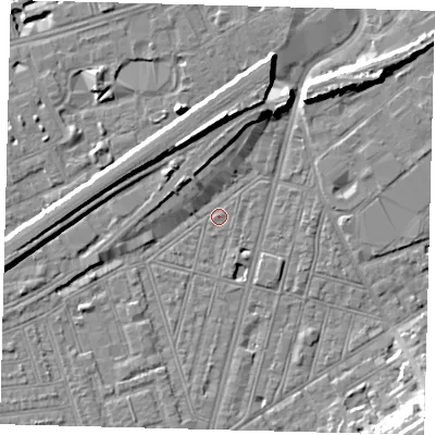 Shaded relief map of the ground around SW83QP, computed from Environment Agency LiDAR. The ground here sits at about 2 m above sea level and falls 11 m across the surrounding 800 m. Surface water reaching this point runs off ground lying to the north, 8.9 m higher.