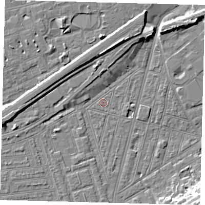 Shaded relief map of the ground around SW83QX, computed from Environment Agency LiDAR. The ground here sits at about 2 m above sea level and falls 13 m across the surrounding 800 m. Surface water reaching this point runs off ground lying to the north, 8.2 m higher.