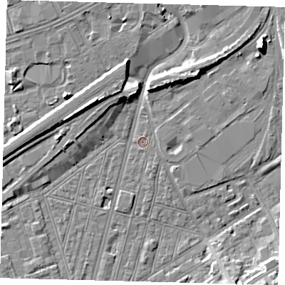 Shaded relief map of the ground around SW83RD, computed from Environment Agency LiDAR. The ground here sits at about 2 m above sea level and falls 10 m across the surrounding 800 m. Surface water reaching this point runs off ground lying to the east-north-east, 1.1 m higher.