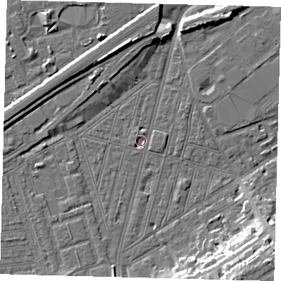 Shaded relief map of the ground around SW83RJ, computed from Environment Agency LiDAR. The ground here sits at about 1 m above sea level and falls 16 m across the surrounding 800 m. Surface water reaching this point runs off ground lying to the north, 9.2 m higher.