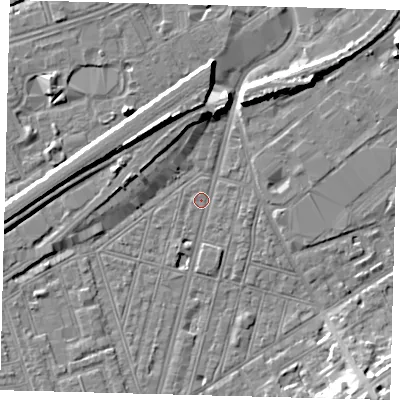 Shaded relief map of the ground around SW83RL, computed from Environment Agency LiDAR. The ground here sits at about 2 m above sea level and falls 12 m across the surrounding 800 m. Surface water reaching this point runs off ground lying to the north-north-west, 9.2 m higher.