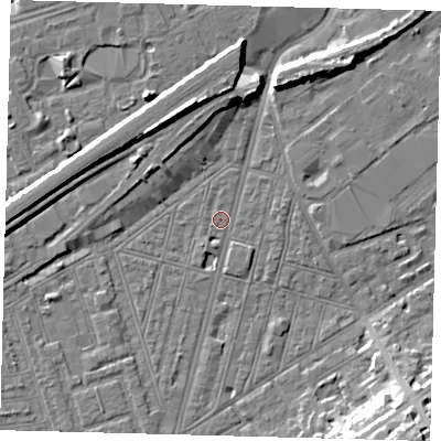 Shaded relief map of the ground around SW83RN, computed from Environment Agency LiDAR. The ground here sits at about 2 m above sea level and falls 14 m across the surrounding 800 m. Surface water reaching this point runs off ground lying to the south-south-west, 1.9 m higher.