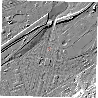 Shaded relief map of the ground around SW83RR, computed from Environment Agency LiDAR. The ground here sits at about 2 m above sea level and falls 13 m across the surrounding 800 m. Surface water reaching this point runs off ground lying to the north-north-west, 9.2 m higher.