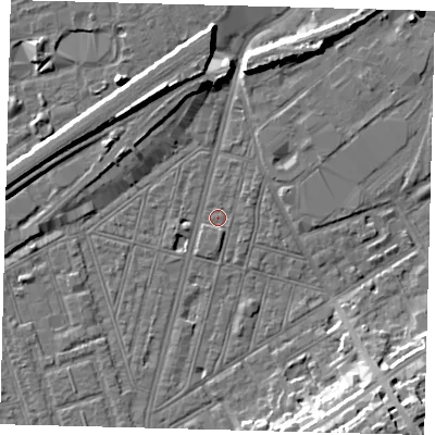 Shaded relief map of the ground around SW83RS, computed from Environment Agency LiDAR. The ground here sits at about 2 m above sea level and falls 15 m across the surrounding 800 m. Surface water reaching this point runs off ground lying to the north-east, 1.5 m higher.