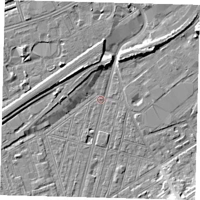 Shaded relief map of the ground around SW83RW, computed from Environment Agency LiDAR. The ground here sits at about 2 m above sea level and falls 10 m across the surrounding 800 m. Surface water reaching this point runs off ground lying to the north-north-west, 9.2 m higher.