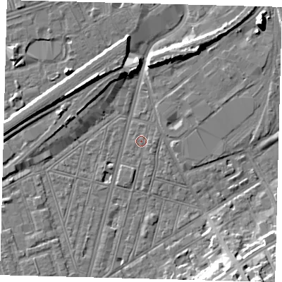 Shaded relief map of the ground around SW83SL, computed from Environment Agency LiDAR. The ground here sits at about 2 m above sea level and falls 13 m across the surrounding 800 m. Surface water reaching this point runs off ground lying to the east, 1.5 m higher.