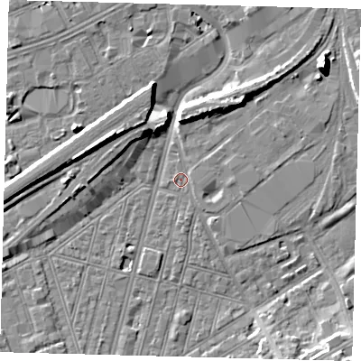 Shaded relief map of the ground around SW83SP, computed from Environment Agency LiDAR. The ground here sits at about 2 m above sea level and falls 10 m across the surrounding 800 m. Surface water reaching this point runs off ground lying to the east-north-east, 0.9 m higher.