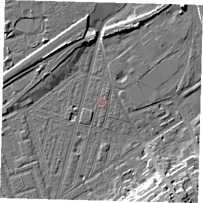 Shaded relief map of the ground around SW83SR, computed from Environment Agency LiDAR. The ground here sits at about 2 m above sea level and falls 15 m across the surrounding 800 m. Surface water reaching this point runs off ground lying to the north-north-east, 1.5 m higher.