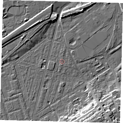 Shaded relief map of the ground around SW83SU, computed from Environment Agency LiDAR. The ground here sits at about 2 m above sea level and falls 16 m across the surrounding 800 m. Surface water reaching this point runs off ground lying to the north-east, 0.9 m higher.