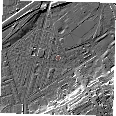 Shaded relief map of the ground around SW83TD, computed from Environment Agency LiDAR. The ground here sits at about 2 m above sea level and falls 17 m across the surrounding 800 m. Surface water reaching this point runs off ground lying to the south-south-east, 16.2 m higher.