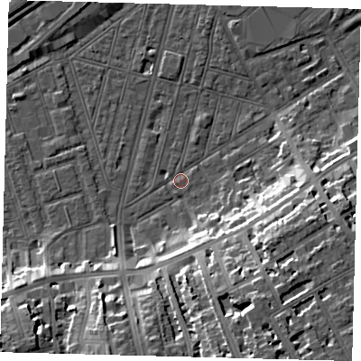 Shaded relief map of the ground around SW83TY, computed from Environment Agency LiDAR. The ground here sits at about 2 m above sea level and falls 19 m across the surrounding 800 m. Surface water reaching this point runs off ground lying to the south-south-east, 18.7 m higher.