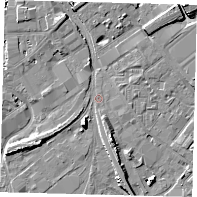 Shaded relief map of the ground around SW84AB, computed from Environment Agency LiDAR. The ground here sits at about 3 m above sea level and falls 11 m across the surrounding 800 m. Surface water reaching this point runs off ground lying to the south-south-east, 6.7 m higher.