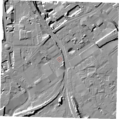Shaded relief map of the ground around SW84AH, computed from Environment Agency LiDAR. The ground here sits at about 3 m above sea level and falls 15 m across the surrounding 800 m. Surface water reaching this point runs off ground lying to the north-north-west, 5.1 m higher.