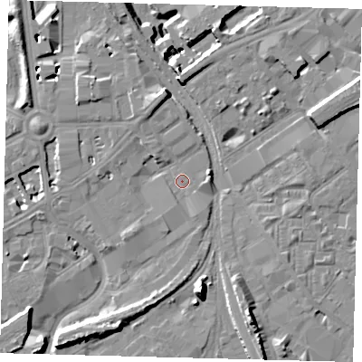 Shaded relief map of the ground around SW84AL, computed from Environment Agency LiDAR. The ground here sits at about 3 m above sea level and falls 15 m across the surrounding 800 m. Surface water reaching this point runs off ground lying to the east-north-east, 2.6 m higher.