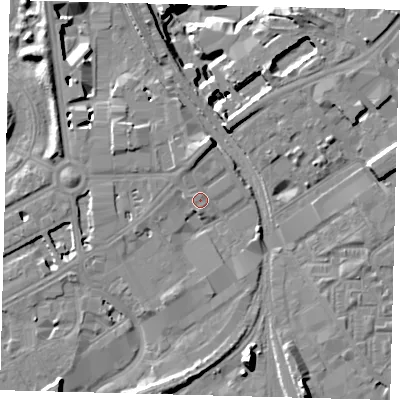 Shaded relief map of the ground around SW84AP, computed from Environment Agency LiDAR. The ground here sits at about 4 m above sea level and falls 15 m across the surrounding 800 m. Surface water reaching this point runs off ground lying to the north, 2.3 m higher.