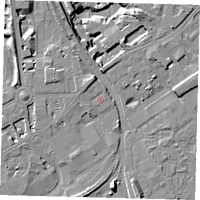Shaded relief map of the ground around SW84AS, computed from Environment Agency LiDAR. The ground here sits at about 4 m above sea level and falls 15 m across the surrounding 800 m. Surface water reaching this point runs off ground lying to the north-north-west, 3.9 m higher.