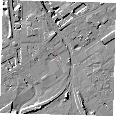 Shaded relief map of the ground around SW84AT, computed from Environment Agency LiDAR. The ground here sits at about 3 m above sea level and falls 15 m across the surrounding 800 m. Surface water reaching this point runs off ground lying to the north, 5.1 m higher.