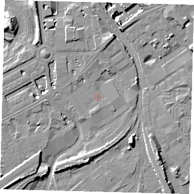 Shaded relief map of the ground around SW84BE, computed from Environment Agency LiDAR. The ground here sits at about 3 m above sea level and falls 15 m across the surrounding 800 m. Surface water reaching this point runs off ground lying to the north-west, 2.0 m higher.