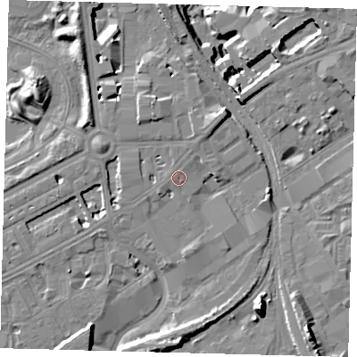 Shaded relief map of the ground around SW84BX, computed from Environment Agency LiDAR. The ground here sits at about 4 m above sea level and falls 15 m across the surrounding 800 m. Surface water reaching this point runs off ground lying to the north-east, 4.0 m higher.