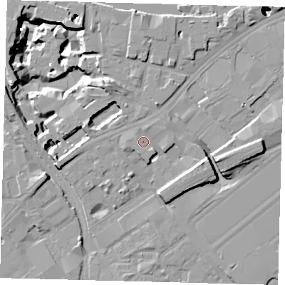 Shaded relief map of the ground around SW84DA, computed from Environment Agency LiDAR. The ground here sits at about 4 m above sea level and falls 51 m across the surrounding 800 m. Surface water reaching this point runs off ground lying to the south-south-east, 1.8 m higher.