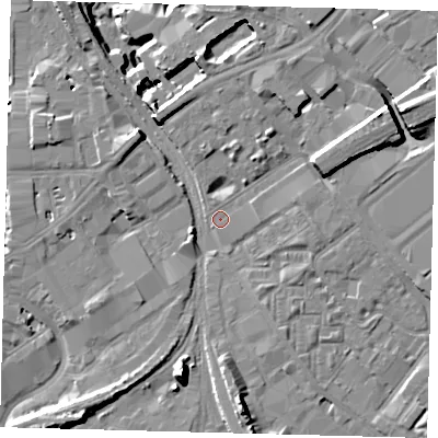 Shaded relief map of the ground around SW84DD, computed from Environment Agency LiDAR. The ground here sits at about 3 m above sea level and falls 15 m across the surrounding 800 m. Surface water reaching this point runs off ground lying to the south-south-west, 8.2 m higher.