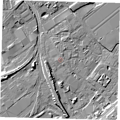 Shaded relief map of the ground around SW84DE, computed from Environment Agency LiDAR. The ground here sits at about 4 m above sea level and falls 11 m across the surrounding 800 m. Surface water reaching this point runs off ground lying to the north-east, 0.6 m higher.