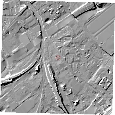 Shaded relief map of the ground around SW84DF, computed from Environment Agency LiDAR. The ground here sits at about 3 m above sea level and falls 11 m across the surrounding 800 m. The ground contributing surface water to this point lies to the east-south-east.