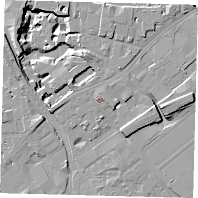 Shaded relief map of the ground around SW84DG, computed from Environment Agency LiDAR. The ground here sits at about 5 m above sea level and falls 44 m across the surrounding 800 m. Surface water reaching this point runs off ground lying to the north, 1.7 m higher.