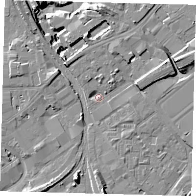 Shaded relief map of the ground around SW84DJ, computed from Environment Agency LiDAR. The ground here sits at about 2 m above sea level and falls 15 m across the surrounding 800 m. Surface water reaching this point runs off ground lying to the east-north-east, 6.8 m higher.