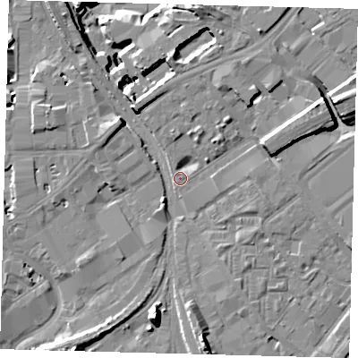 Shaded relief map of the ground around SW84DL, computed from Environment Agency LiDAR. The ground here sits at about 3 m above sea level and falls 15 m across the surrounding 800 m. Surface water reaching this point runs off ground lying to the south, 8.2 m higher.