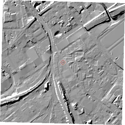 Shaded relief map of the ground around SW84DQ, computed from Environment Agency LiDAR. The ground here sits at about 3 m above sea level and falls 14 m across the surrounding 800 m. Surface water reaching this point runs off ground lying to the east-south-east, 1.6 m higher.