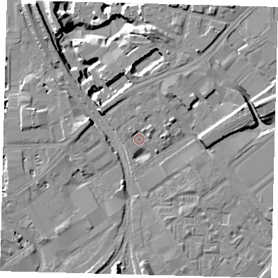 Shaded relief map of the ground around SW84DT, computed from Environment Agency LiDAR. The ground here sits at about 3 m above sea level and falls 16 m across the surrounding 800 m. Surface water reaching this point runs off ground lying to the north-east, 1.6 m higher.