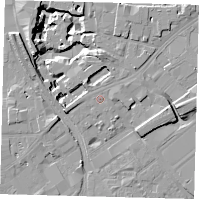 Shaded relief map of the ground around SW84DU, computed from Environment Agency LiDAR. The ground here sits at about 4 m above sea level and falls 17 m across the surrounding 800 m. Surface water reaching this point runs off ground lying to the west, 0.9 m higher.