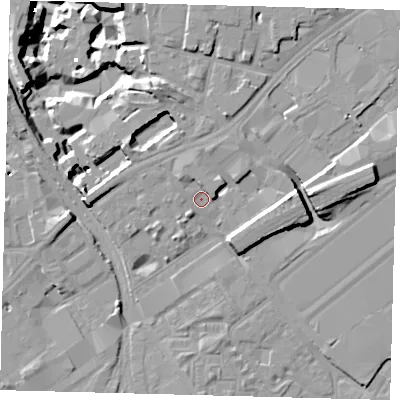 Shaded relief map of the ground around SW84ED, computed from Environment Agency LiDAR. The ground here sits at about 3 m above sea level and falls 17 m across the surrounding 800 m. Surface water reaching this point runs off ground lying to the north, 2.7 m higher.