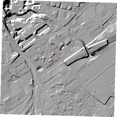 Shaded relief map of the ground around SW84EJ, computed from Environment Agency LiDAR. The ground here sits at about 2 m above sea level and falls 17 m across the surrounding 800 m. Surface water reaching this point runs off ground lying to the east-north-east, 6.7 m higher.