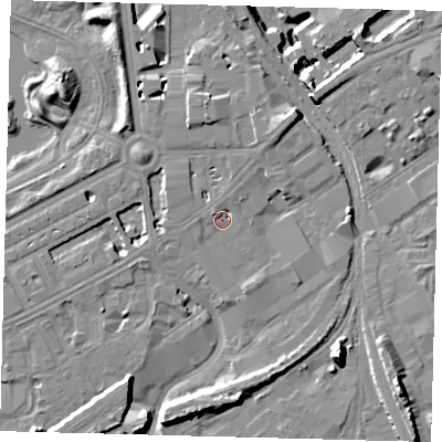 Shaded relief map of the ground around SW84EQ, computed from Environment Agency LiDAR. The ground here sits at about 4 m above sea level and falls 15 m across the surrounding 800 m. Surface water reaching this point runs off ground lying to the north-west, 2.0 m higher.
