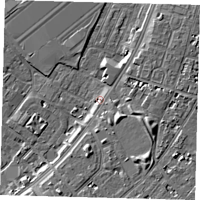 Shaded relief map of the ground around SW84ES, computed from Environment Agency LiDAR. The ground here sits at about 4 m above sea level and falls 10 m across the surrounding 800 m. Surface water reaching this point runs off ground lying to the south-south-east, 2.5 m higher.