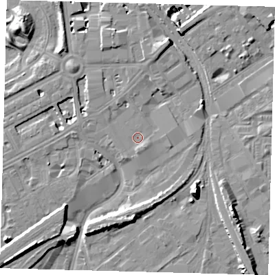 Shaded relief map of the ground around SW84EU, computed from Environment Agency LiDAR. The ground here sits at about 3 m above sea level and falls 14 m across the surrounding 800 m. Surface water reaching this point runs off ground lying to the north-north-west, 2.0 m higher.