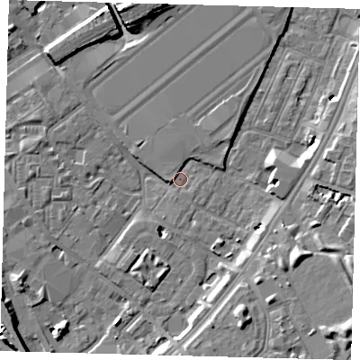Shaded relief map of the ground around SW84FB, computed from Environment Agency LiDAR. The ground here sits at about 3 m above sea level and falls 10 m across the surrounding 800 m. Surface water reaching this point runs off ground lying to the west, 1.8 m higher.