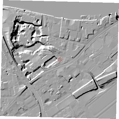 Shaded relief map of the ground around SW84FD, computed from Environment Agency LiDAR. The ground here sits at about 4 m above sea level and falls 51 m across the surrounding 800 m. Surface water reaching this point runs off ground lying to the west-south-west, 6.7 m higher.