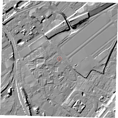 Shaded relief map of the ground around SW84HD, computed from Environment Agency LiDAR. The ground here sits at about 3 m above sea level and falls 13 m across the surrounding 800 m. Surface water reaching this point runs off ground lying to the west-north-west, 1.2 m higher.