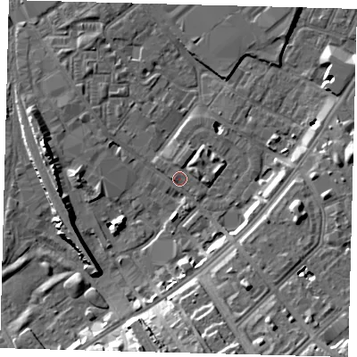 Shaded relief map of the ground around SW84HH, computed from Environment Agency LiDAR. The ground here sits at about 3 m above sea level and falls 13 m across the surrounding 800 m. Surface water reaching this point runs off ground lying to the west, 0.9 m higher.