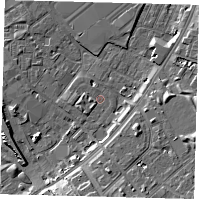 Shaded relief map of the ground around SW84HL, computed from Environment Agency LiDAR. The ground here sits at about 3 m above sea level and falls 11 m across the surrounding 800 m. Surface water reaching this point runs off ground lying to the south-west, 2.1 m higher.