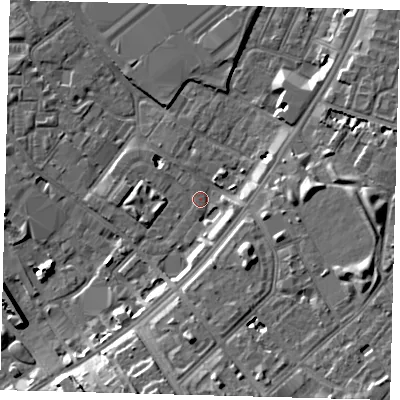 Shaded relief map of the ground around SW84HP, computed from Environment Agency LiDAR. The ground here sits at about 3 m above sea level and falls 11 m across the surrounding 800 m. Surface water reaching this point runs off ground lying to the south, 9.2 m higher.