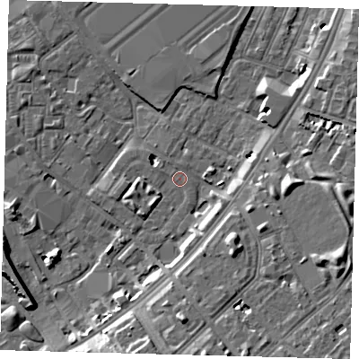 Shaded relief map of the ground around SW84HR, computed from Environment Agency LiDAR. The ground here sits at about 3 m above sea level and falls 11 m across the surrounding 800 m. Surface water reaching this point runs off ground lying to the south-west, 2.1 m higher.