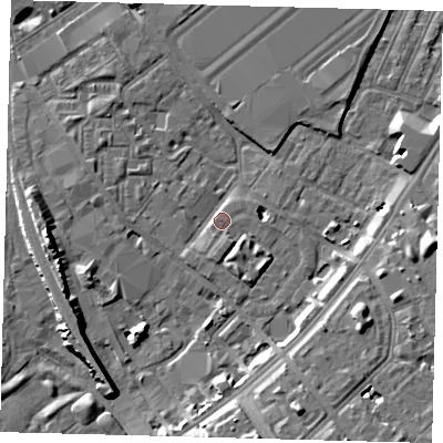 Shaded relief map of the ground around SW84HS, computed from Environment Agency LiDAR. The ground here sits at about 3 m above sea level and falls 10 m across the surrounding 800 m. Surface water reaching this point runs off ground lying to the north-west, 3.8 m higher.