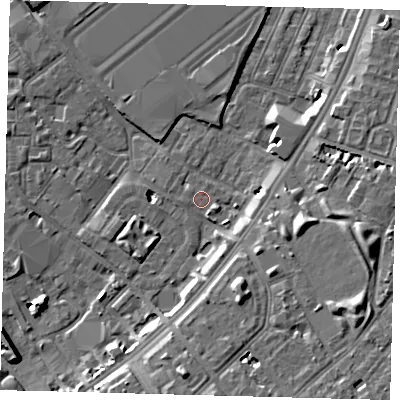 Shaded relief map of the ground around SW84HT, computed from Environment Agency LiDAR. The ground here sits at about 3 m above sea level and falls 10 m across the surrounding 800 m. Surface water reaching this point runs off ground lying to the east-south-east, 1.9 m higher.