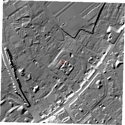 Shaded relief map of the ground around SW84HW, computed from Environment Agency LiDAR. The ground here sits at about 3 m above sea level and falls 11 m across the surrounding 800 m. Surface water reaching this point runs off ground lying to the south-south-east, 1.5 m higher.