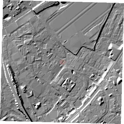 Shaded relief map of the ground around SW84JA, computed from Environment Agency LiDAR. The ground here sits at about 2 m above sea level and falls 10 m across the surrounding 800 m. Surface water reaching this point runs off ground lying to the west-north-west, 2.5 m higher.