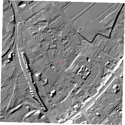 Shaded relief map of the ground around SW84JB, computed from Environment Agency LiDAR. The ground here sits at about 3 m above sea level and falls 11 m across the surrounding 800 m. Surface water reaching this point runs off ground lying to the north-west, 2.2 m higher.